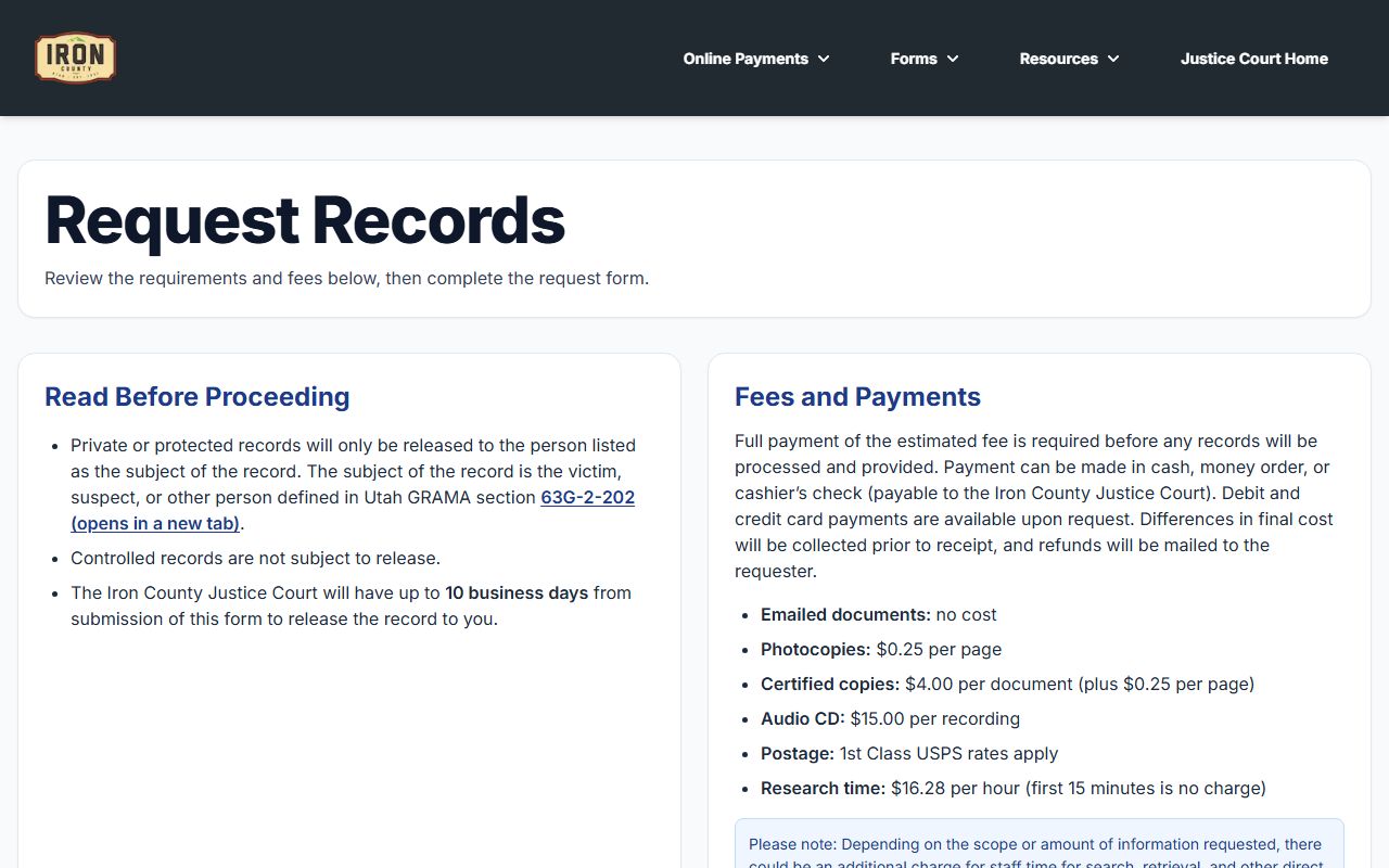 Iron County People Search justice court records page