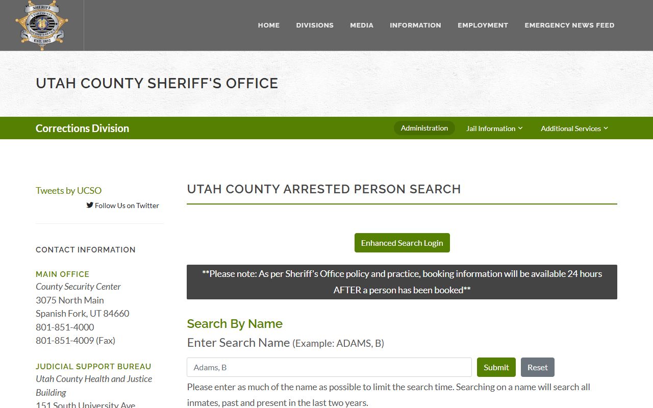 Utah County People Search sheriff inmate search page